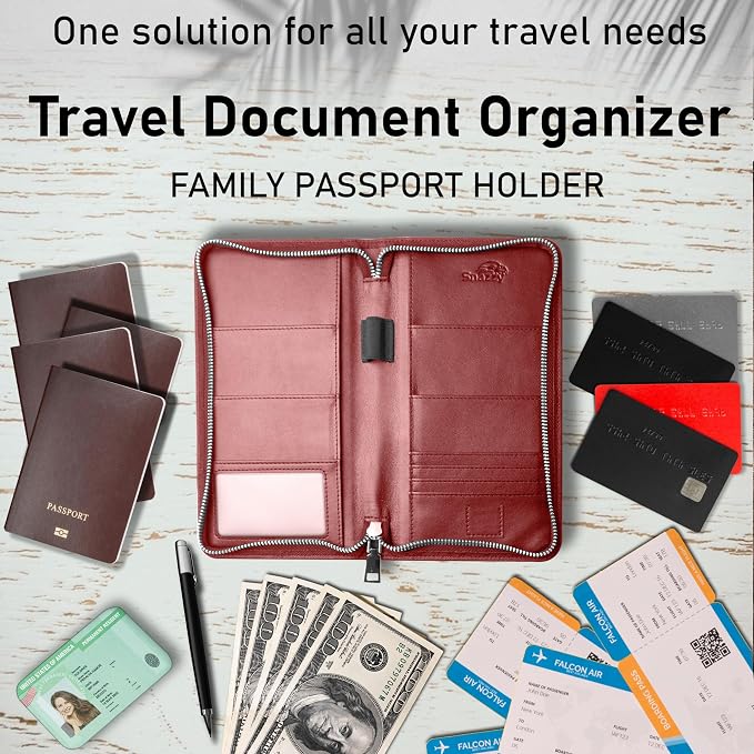 Family 4 Passport Holder - Travel Wallet RFID Blocking, Document Organizer, Essentials Plane Accessory Cover for Women Men (Red) - Image 4