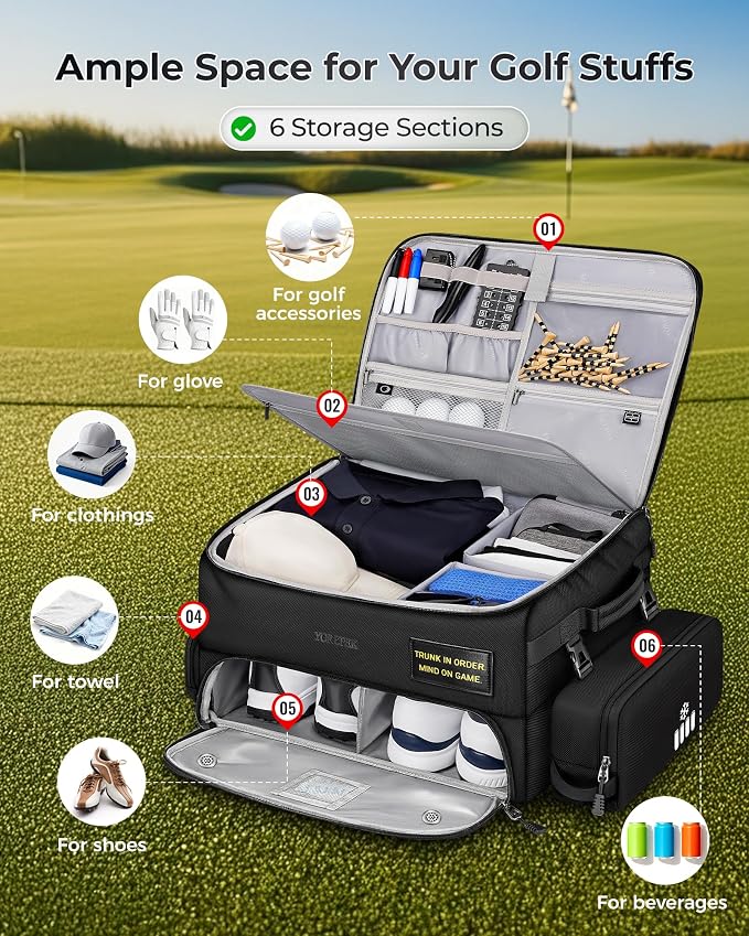 YOREPEK Upgraded Golf Trunk Organizer, Golf Gifts for Men, with Removable Insulated Pouch&Dust-Proof Protective Layer, Multi-Compartment fits 2 Pairs of Shoes, Golf Accessories - Image 2