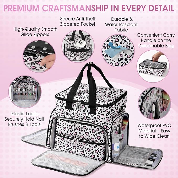 DERSTUEWE Nail Polish Organizer Case – Waterproof Travel Bag with Hard Bottom – Double Layer Nail Storage Bag with Adjustable Dividers & Nail Lamp Compartment (Multi Print) - Image 5