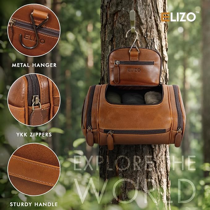 ELIZO Real Leather Toiletry Bag for Men - Large Hanging Travel Organizer for Toiletries, Ideal for Dopp Kit & Shaving Kit for Men, Essential Mens Travel Toiletry Bag for Toiletries (Cognac) - Image 3