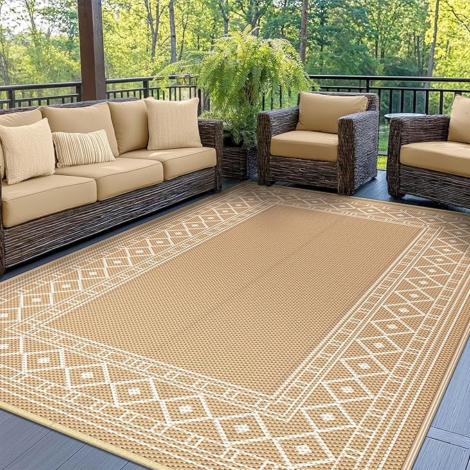 GENIMO Outdoor Rug, Waterproof Plastic Rugs for Patio, 6'x9' Brown Beige | Outside Larger Modern Carpet Mat for Porch Decor, Deck, Balcony, Camping, RV, Backyard, Picnic, Beach, Reversible by GENIMO