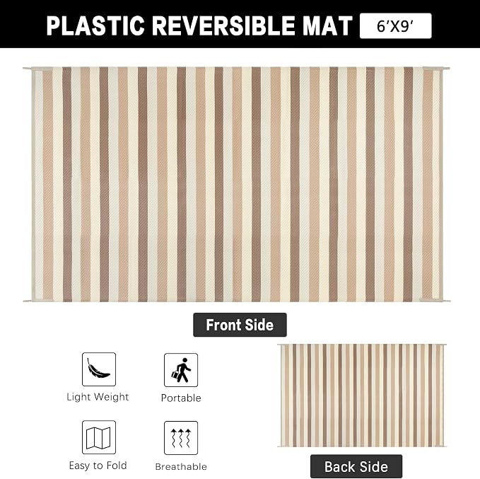 PureCozy Outdoor Waterproof Patio Rug 6x9 Plastic Straw Reversible Outside Beige Striped Carpet Lightweight Large Rug for Camping RV Porch Deck Balcony Beach - Image 6
