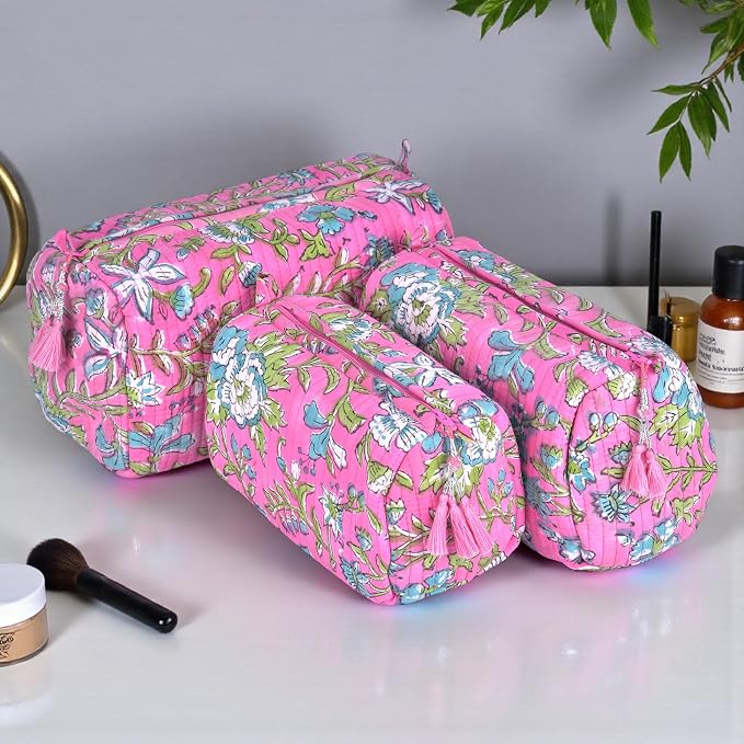 Quilted Floral Block Print Makeup Bag Set of 3 – Cotton Travel Toiletry and Makeup Organizer, Cosmetic Pouch, Toiletry Bag for Women, Cute Boho Coquette Make Up Bags for Women (Small, Medium, Large) - Image 6