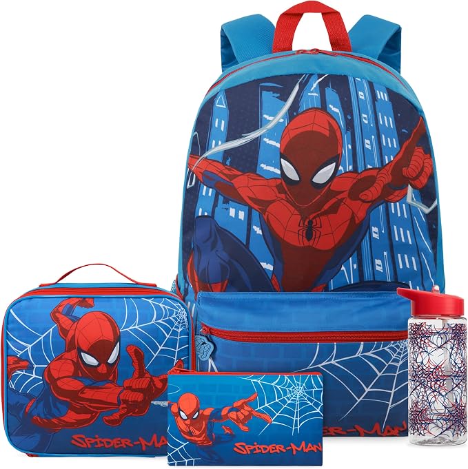 Get Trend Marvel Spider-Man Boys Backpack Set 4 Pc with Insulated Lunch Bag, Pencil Case & BPA Free Water Bottle for School, Gifts for Boys (Blue/Multi Spiderman) by GetTrend