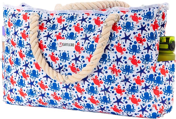 Beach Bag and Pool Bag Has Cooler Pocket, 7 Pockets Total, Zip Top. Family Size Waterproof Beach Tote by SHYLERO