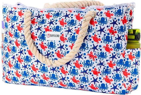 Beach Bag and Pool Bag Has Cooler Pocket, 7 Pockets Total, Zip Top. Family Size Waterproof Beach Tote by SHYLERO