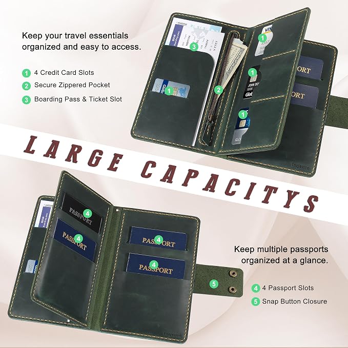 Handmade Genuine Leather Family Passport Holder | Travel Document Organizer Holds 4 Passports | Vintage Wristlet Wallet with Credit Card Slots (Green) - Image 3