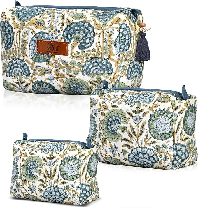 Ridhi Asparagus Green Hand Block Printed Floral Toiletry Bag For Women 100% Cotton Quilted Set of 3 Waterproof Inner Lining, Cosmetic Jewelry Organizer, Travel Pouch, Essential Storage Purse Gifts by Ridhi