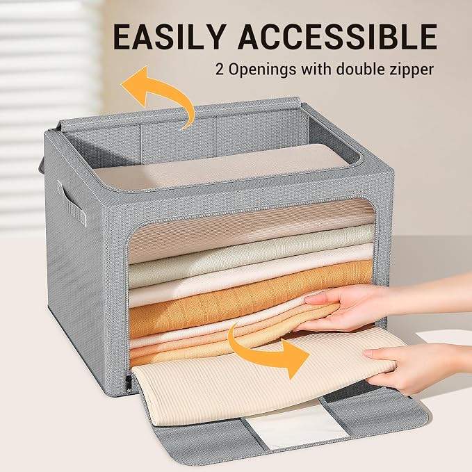 Clothes Storage Bins with Metal Frame, Foldable Clothes Organizers Storage Containers for Clothes, Sheets, Blankets, Pillows and Towels （66L, 3 Pack, Deep Grey - Image 5