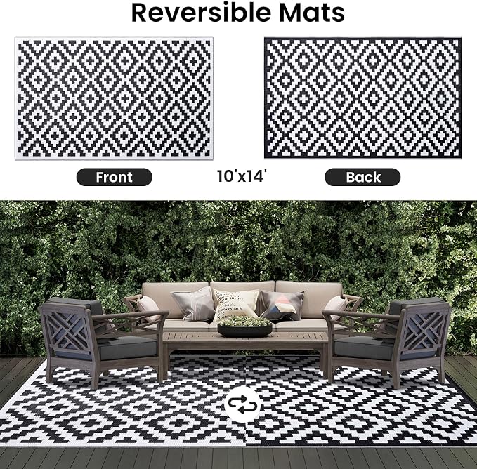Smiry Waterproof Outdoor Rug 10X14 ft, Reversible Plastic Straw Patio Camping Rugs, Outdoor Indoor RV Mat Carpet for Patio, Outside Entry, Backyard, Deck, Bench, Picnic, Camper, Black & White - Image 3