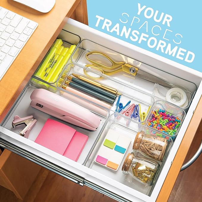 primebox Plastic Clear Drawer Organizers. Bathroom. Kitchen, Bedroom, Utensils, Office Organizer Bins, Storage Trays. Stackable. 9" x 6" x 2" Set of 6 - Image 3
