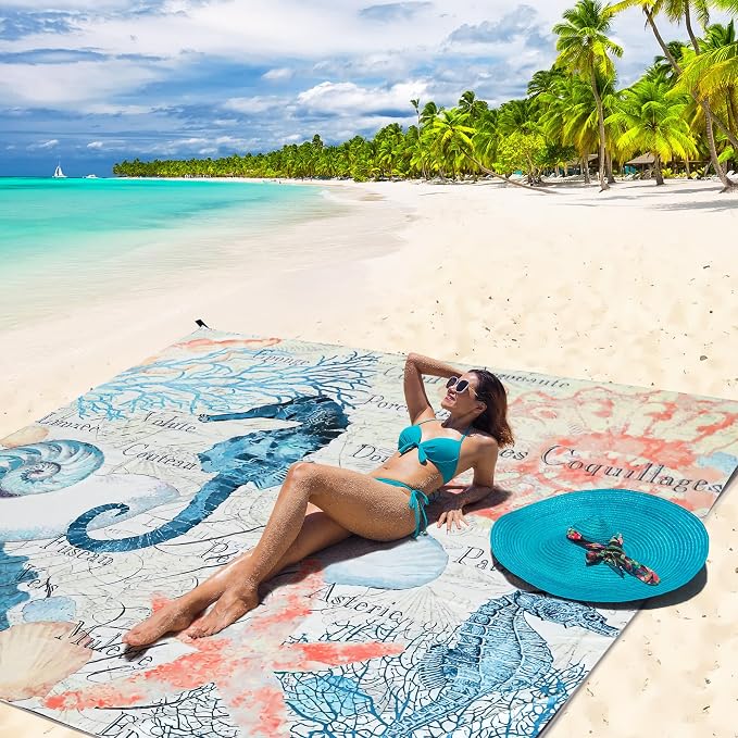HIHOHO Beach Blanket Waterproof Sandproof Beach Mat for 1-8 Adults Quick Drying Durable Outdoor Picnic Mat for Beach Festival Travel Camping Hiking (Vintage-Seahorses, 79"×83"(4 Person)) - Image 2
