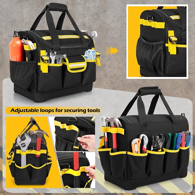 15-Inch Tool Bag with Hard Bottom, Electrician Tool Box Organizer | Detachable Dividers, Multiple Pockets, Reflective Strips, Padded Handle & Shoulder Strap, Ideal for Repairman, Craftsman - Image 3