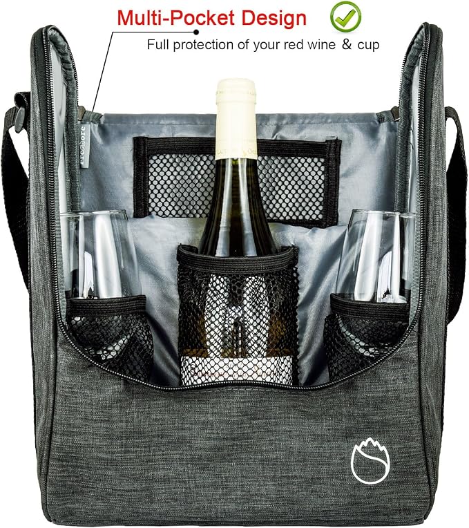 Insulated Wine 3 or 6 Bottle Carriers Tote Travel Cooler Gift Bag For Airplane Liquor With Padded Shoulder Strap - Image 4