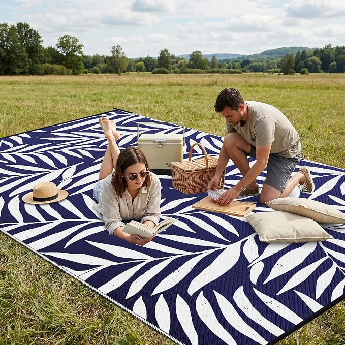 Smiry Outdoor Rug 6x9 ft, Waterproof Reversible Plastic Straw Rugs, Outdoor Area Rug with Leaf Pattern, Outside Floor Mat for Patio, Backyard, Deck, Picnic, Beach, Camping, Navy & White - Image 4