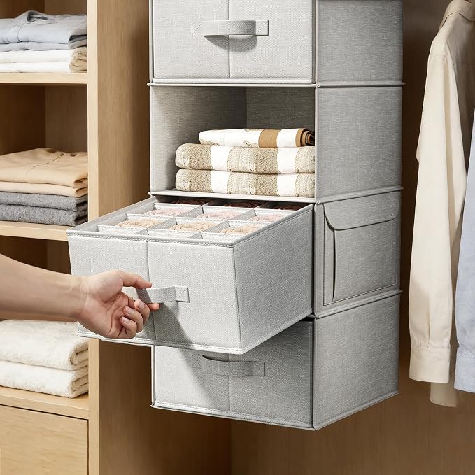 Vailando 6-Shelf Hanging Closet Organizer with 3 Drawers, Closet Hanging Shelves with Removable Fabric Drawers for Wardrobe, Nursery & Dorm Storage, Silver Gray - Image 6
