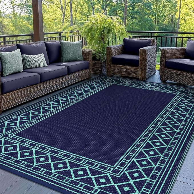 GENIMO Outdoor Rug, Waterproof Plastic Rugs for Patio, 5'x8' Blue Green | Outside Larger Modern Carpet Mat for Porch Decor, Deck, Balcony, Camping, RV, Backyard, Picnic, Beach, Reversible by GENIMO