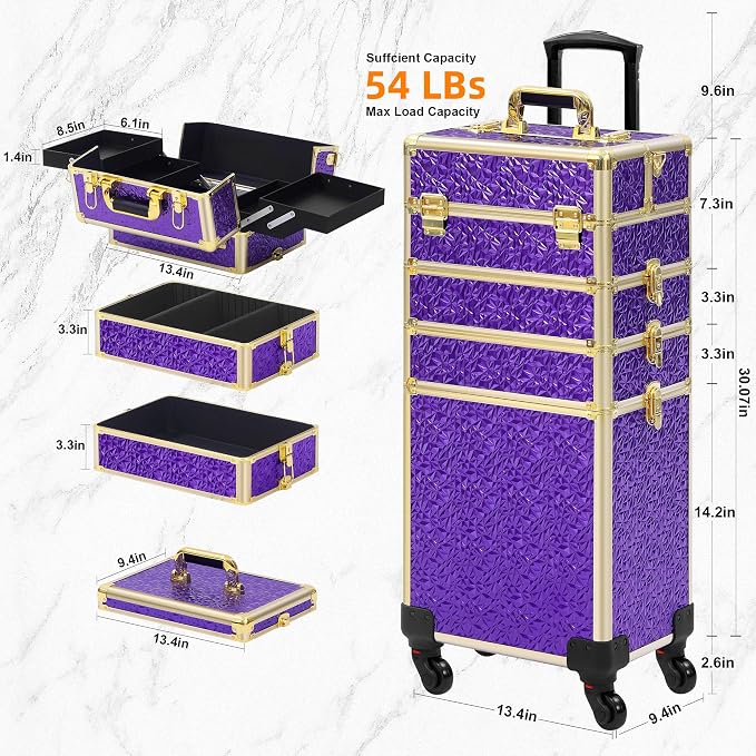Somduy Rolling Makeup Case, Makeup Train Case with Lid, 5 in 1 Cosmetology Case on Wheels, Christmas Gift, Large Makeup Organizers, Profesional Cosmetic Case for Salon Barber, Purple Gold - Image 4