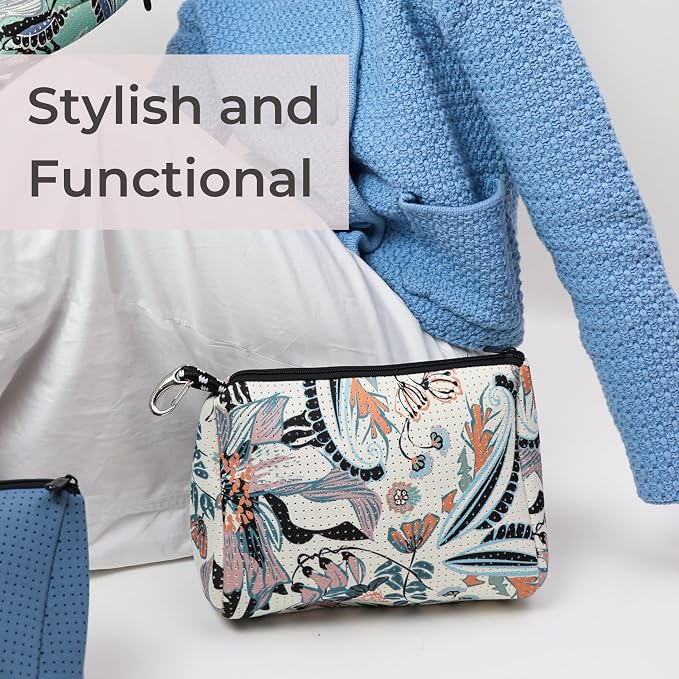 POPUPS Brand Large Makeup Bag with Zipper - Neoprene Machine Washable Travel Toiletry Cosmetic Organizer Pouch for Women (Print Blossom White) - Image 6