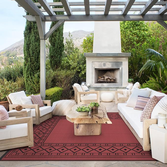 GENIMO Outdoor Rug, Waterproof Plastic Rugs for Patio, 6'x9' Red Black | Outside Larger Modern Carpet Mat for Porch Decor, Deck, Balcony, Camping, RV, Backyard, Picnic, Beach, Reversible - Image 2