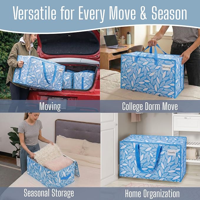 VENO 4 Pack Extra Large Heavy Duty Moving Bags with Wide Opening & Reinforced Handles, Reusable Storage Tote Bags with Strong Zippers for Clothes, College Dorm Essentials & Moving Supplies - Image 6