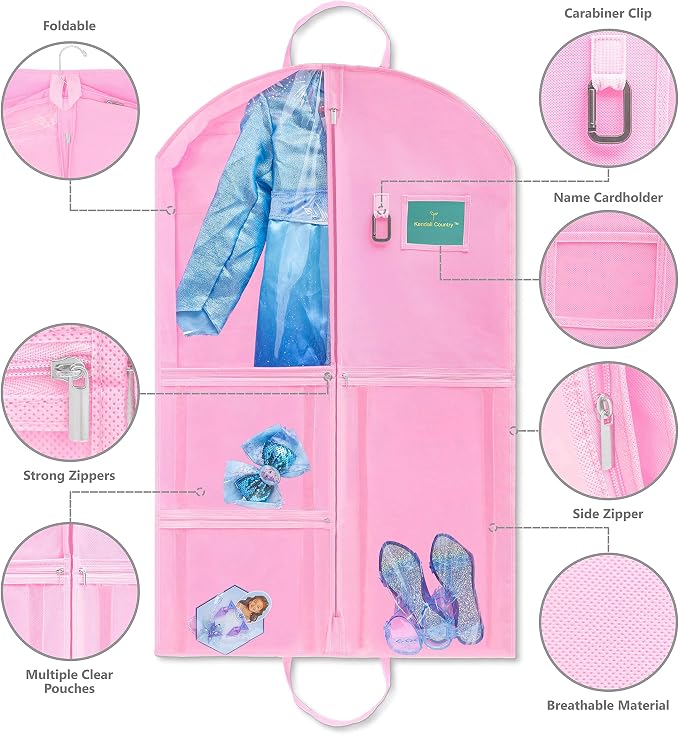 Waterproof Hanging Garment Bag 40 inch Clothes Bag with Gusset, 5 Pockets Side Zip for Dance Costumes Sports Skating Theatre Pageants Cheer Cosplay Kendall Country (Cotton Candy, 40 inch) - Image 4