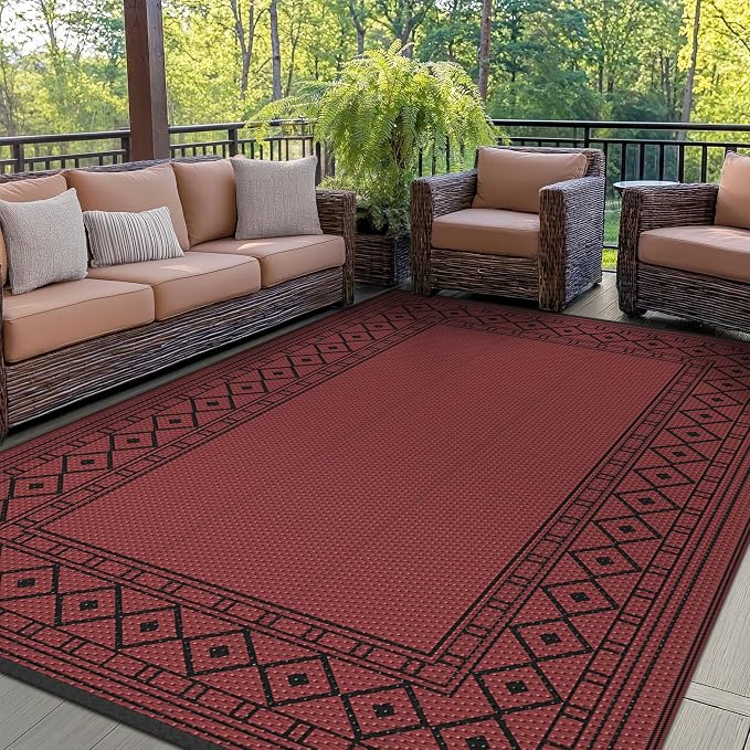 GENIMO Outdoor Rug, Waterproof Plastic Rugs for Patio, 6'x9' Red Black | Outside Larger Modern Carpet Mat for Porch Decor, Deck, Balcony, Camping, RV, Backyard, Picnic, Beach, Reversible by GENIMO