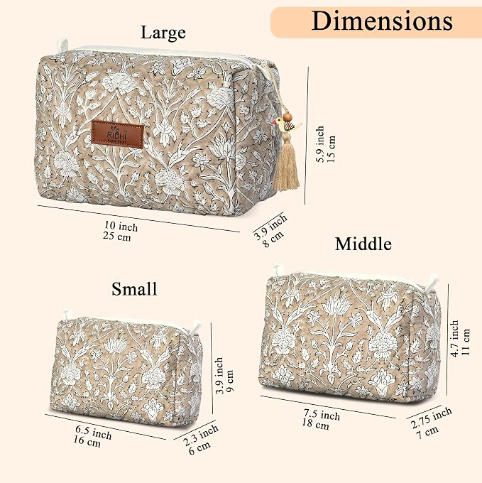 Ridhi Taupe Hand Block Printed Floral Toiletry Bag For Women 100% Cotton Quilted Set of 3 Waterproof Inner Lining, Cosmetic Jewelry Organizer, Travel Pouch, Essential Storage Purse Gifts - Image 3
