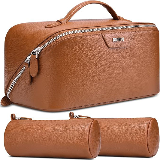 BOYATU Genuine Leather Travel Makeup Bag: Large Capacity 3 Pcs Set Cosmetic Bags for Women - Designer Waterproof Hand-made for Toiletry Organizer - Ladies Travel Essentials for Elegance (01Brown) by BOYATU