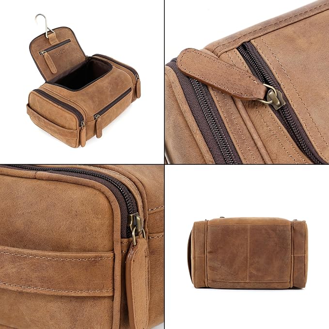 ELIZO Real Leather Toiletry Bag for Men - Large Hanging Travel Organizer for Toiletries, Ideal for Dopp Kit & Shaving Kit for Men, Essential Mens Travel Toiletry Bag for Toiletries (Saddle) - Image 7