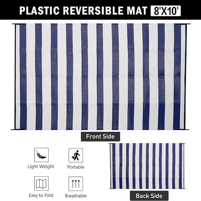 PureCozy Outdoor Waterproof Patio Rug 8x10 Plastic Straw Reversible Lightweight Outside Navy Blue Striped Large Carpet Outdoor for Camping RV Porch Deck Balcony Beach - Image 6