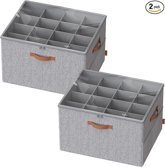 SONGMICS Shoe Organizers for Closet, Pack 2 Shoe Storage Bins, Fits 32 Pairs, Fabric Containers with Handles and Clear Cover, Adjustable Dividers, Customizable, Dove Gray ULSP556G01 by Unknown