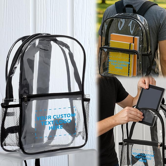 DISCOUNT PROMOS Custom Clear PVC Plastic Backpacks Set of 6/12/24, Personalized Bulk Pack - Water Resistant, Perfect for Travel, Outdoor - Clear Black - Image 6