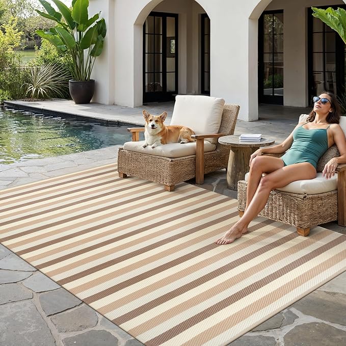 PureCozy Outdoor Waterproof Patio Rug 5x8 Plastic Straw Reversible Outside Beige Striped Carpet Lightweight Large Rug for Camping RV Porch Deck Balcony Beach - Image 4