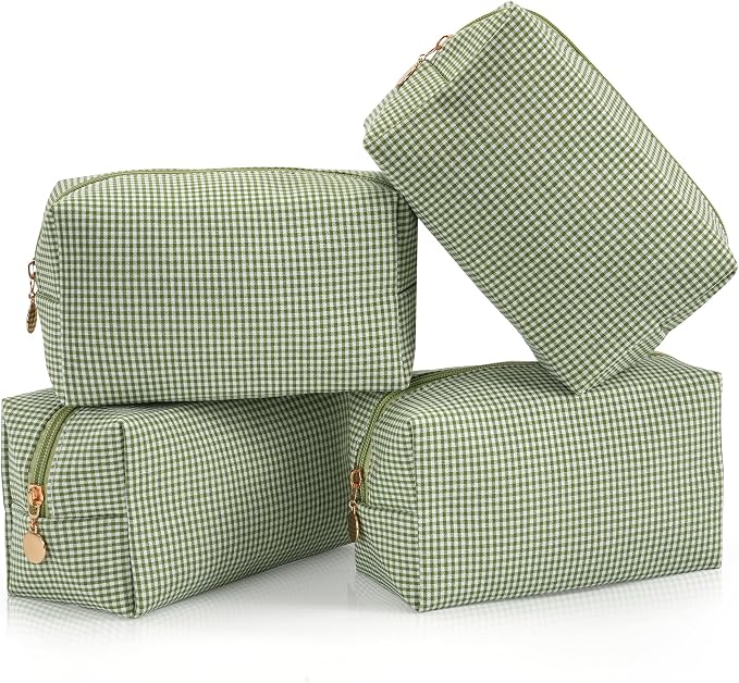 Makeup Bag Set for Women, 4PCS Travel Cosmetic Bags Pencil Case, Checkered Seersucker Toiletry Organizer Pouches, Cute Makeup Pouch for Purse, Accessories and Gifts, Green Gingham by Unknown