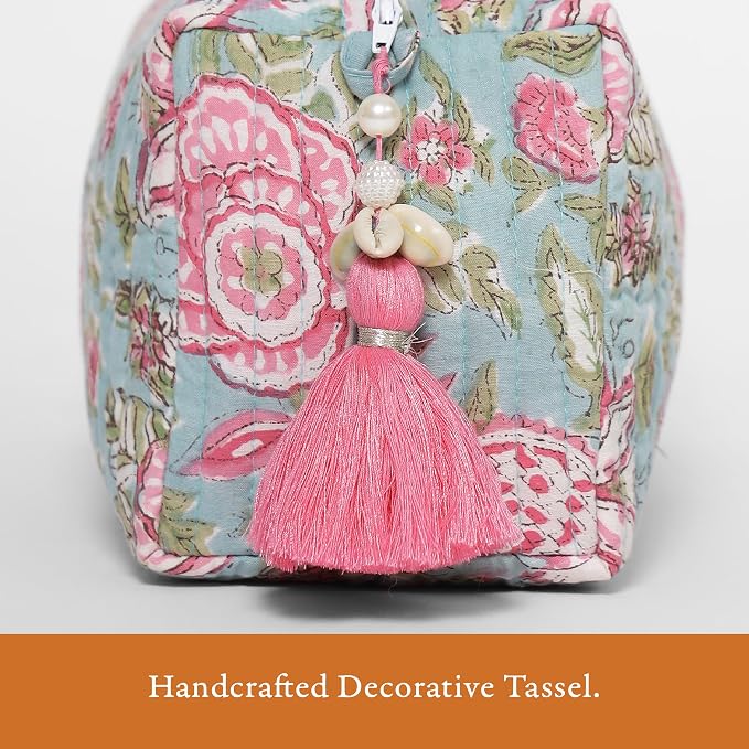 Saffron Marigold Quilted Makeup Bag Set of 3, Hand Block Printed Cotton Cosmetic Bags for Women, Waterproof Lined Travel Toiletry Bag, Coquette Floral Aesthetic, Handmade Gift, Jacobean Dreams - Image 3
