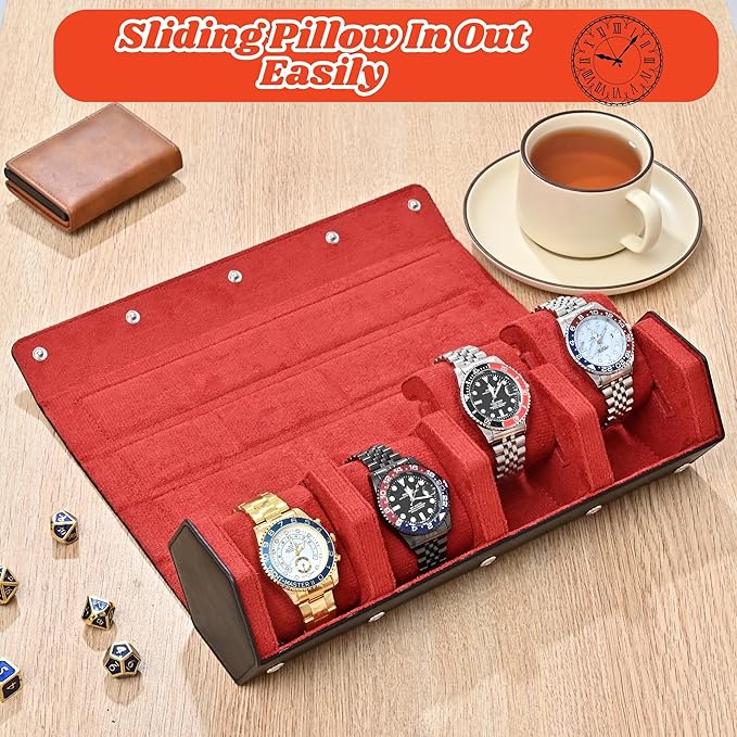 4-Slot Leather Watch Roll Travel Case with Velvet Interior,Black Red | Multiple Watch Capacity,Premium Hexagon Leather,Velvet M-Shaped Cushions,Secure Snap Closure,Storage Organizer - Image 4