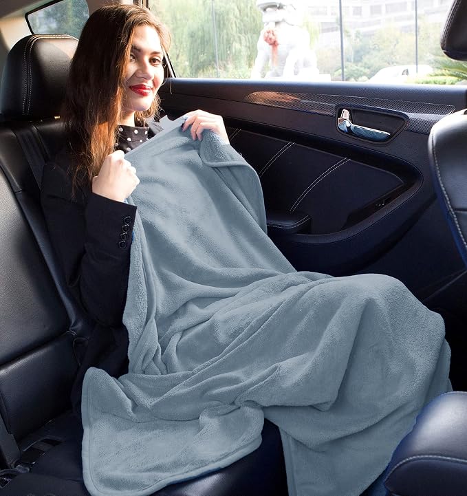 BlueHills Premium Soft Long Travel Blanket Airplane Throw - Grayish Blue | 70 X 48 Long Travel Blanket Pillow, Luggage Strap & Backpack Clip, Large Compact 2 in 1 Throw Airplane Traveling Essentials - Image 4