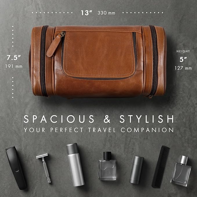 ELIZO Real Leather Toiletry Bag for Men - Extra Large Hanging Travel Organizer for Toiletries, Ideal for Dopp Kit & Shaving Kit for Men, Essential Mens Travel Toiletry Bag for Toiletries (Cognac) - Image 2