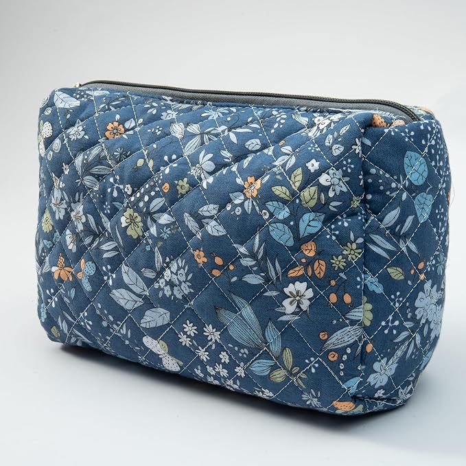 Whispering Flowers Quilted Cotton Cosmetic Zipper Pouch, Large Capacity Makeup Accessories Storage Bag for Women Girls, Aesthetic Coquette Travel Toiletry Organizer (Set of 3) - Image 3