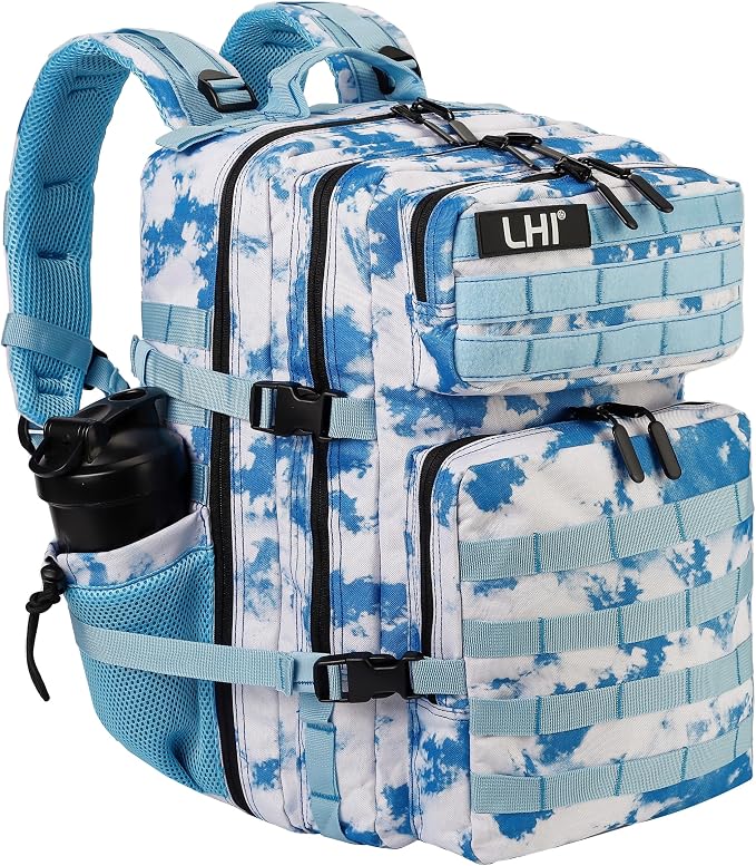 LHI Military Tactical Backpack for Men and Women 45L Army 3 Days Assault Pack Bag Large Rucksack with Molle System - Light blue tie-dye by LHI