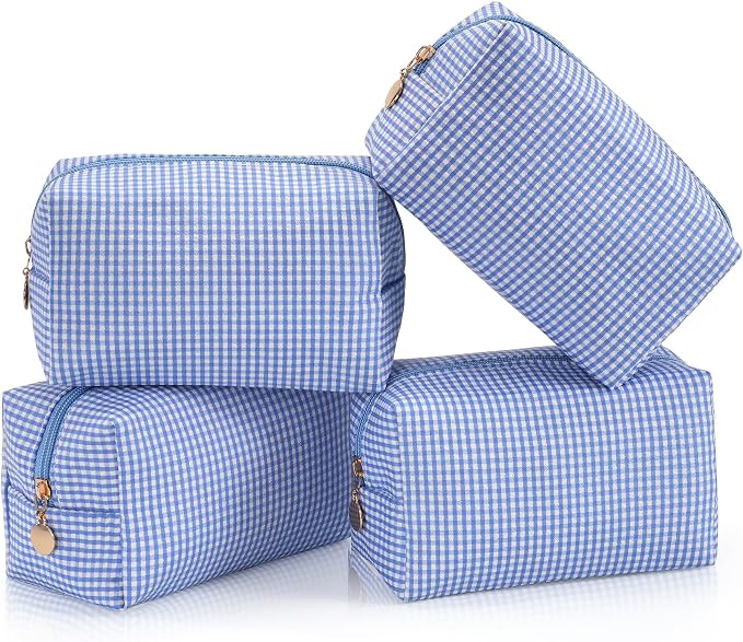 Makeup Bag Set for Women, 4PCS Travel Cosmetic Bags Pencil Case, Checkered Seersucker Toiletry Organizer Pouches, Cute Makeup Pouch for Purse, Accessories and Gifts, Blue Gingham by Unknown