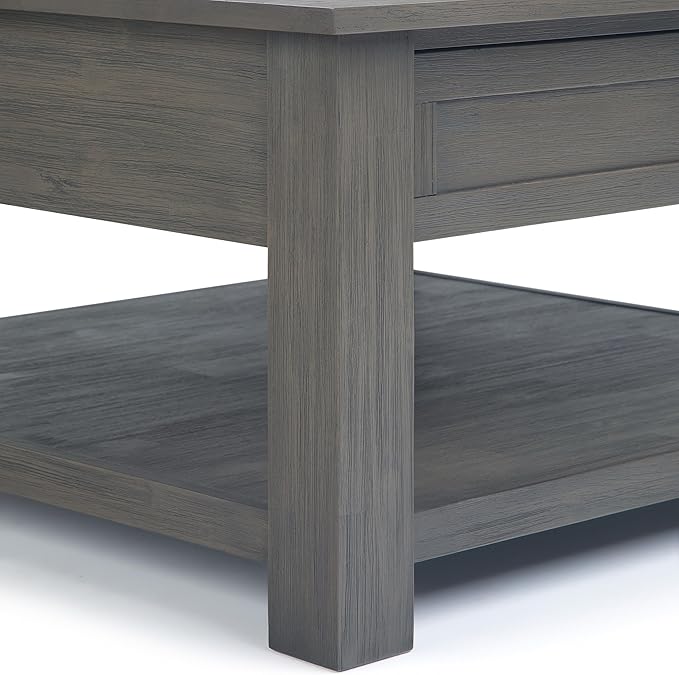 SIMPLIHOME Monroe Square Coffee Table - 38 inch Wide Solid Acacia Wood Living Room Table in Farmhouse Grey, Rustic Cocktail Table for Family Room or Lounge with 2 Drawers and Open Shelf