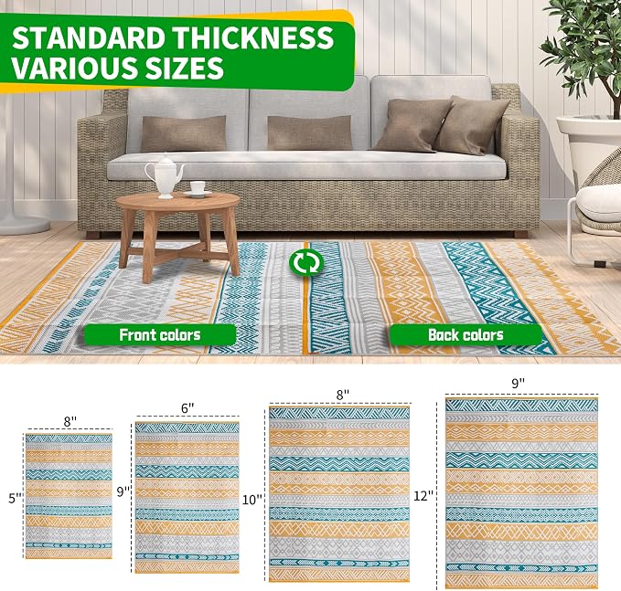 Outdoor Rugs, Outdoor Plastic Straw Rug, Reversible Waterproof Carpet for Camping, Poolside, Garden, BBQ Area, Gazebo Flooring, RV Park & Beach, Colourful Style, 6x9 - Image 4