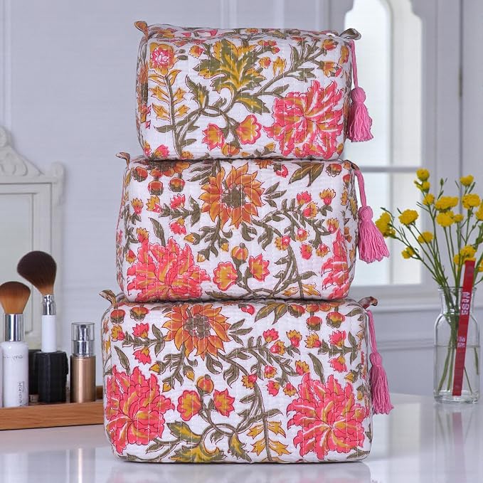 Quilted Floral Block Print Makeup Bag Set of 3 – Cotton Travel Toiletry and Makeup Organizer, Cosmetic Pouch, Toiletry Bag for Women, Cute Boho Coquette Make Up Bags for Women (Small, Medium, Large) - Image 5