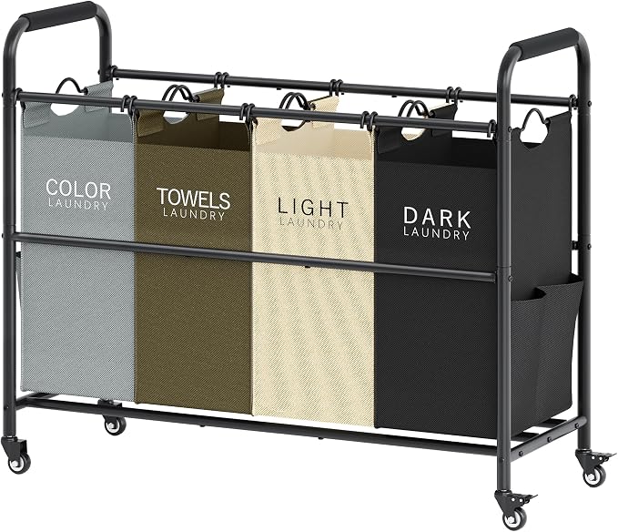 Tajsoon 4 Bag Laundry Sorter Cart, 4 Section Laundry Hamper Sorter with Heavy Duty Lockable Rolling Wheels, Laundry Separator Hamper with Removable Bags for Dirty Clothes Storage, 4 Colors by Tajsoon
