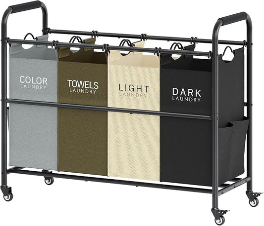 Tajsoon 4 Bag Laundry Sorter Cart, 4 Section Laundry Hamper Sorter with Heavy Duty Lockable Rolling Wheels, Laundry Separator Hamper with Removable Bags for Dirty Clothes Storage, 4 Colors by Tajsoon