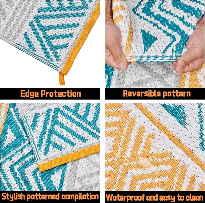 Outdoor Rugs, Outdoor Plastic Straw Rug, Reversible Waterproof Carpet for Camping, Poolside, Garden, BBQ Area, Gazebo Flooring, RV Park & Beach, Colourful Style, 6x9 - Image 7