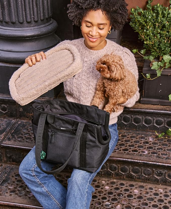 Cleverpup Transit Tote Dog Carrier for Small Dogs Under 8 lbs, 16x11x8 Soft-Sided 4-Pc Set with Waterproof Base, Plush Insert, Food Pouch, Mesh Head Opening - Small Graphite - Image 6
