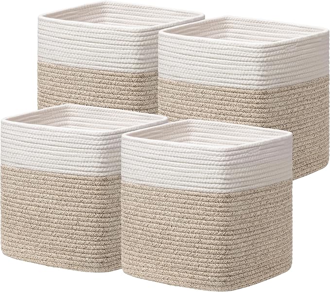 joybest 13x13x13 Inch Cube Storage Bins Set of 4, Cotton Rope Woven Organizer Basket for Shelves, Cube Bin Square Shelves Organizer Closet Storage, Nursery, Toy Organization, Brown&White by joybest